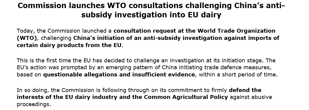 NEW The EU has started a WTO case against China over its anti-subsidy probe on EU dairy imports.