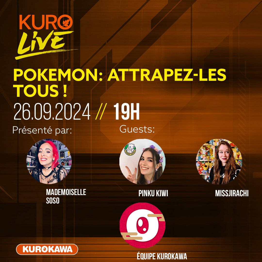#KuroLive spécial #Pokémon ⚡

Pour fêter la sortie des nouveaux arcs Pokémon, <a href="/MlleSoso_/">Lisez Nana 🍓🇵🇸</a> recevra <a href="/pinku_kiwi/">🌸✨Kiwi ✨🌸</a>, <a href="/MissJirachi/">MissJirachi</a> et Jérémy de la team Kuro🌴

Rendez-vous jeudi à 19h sur Twitch 🗓

Pensez à activer le rappel 🔔 pour ne pas louper l'émission ➡ twitch.tv/editionskuroka…
