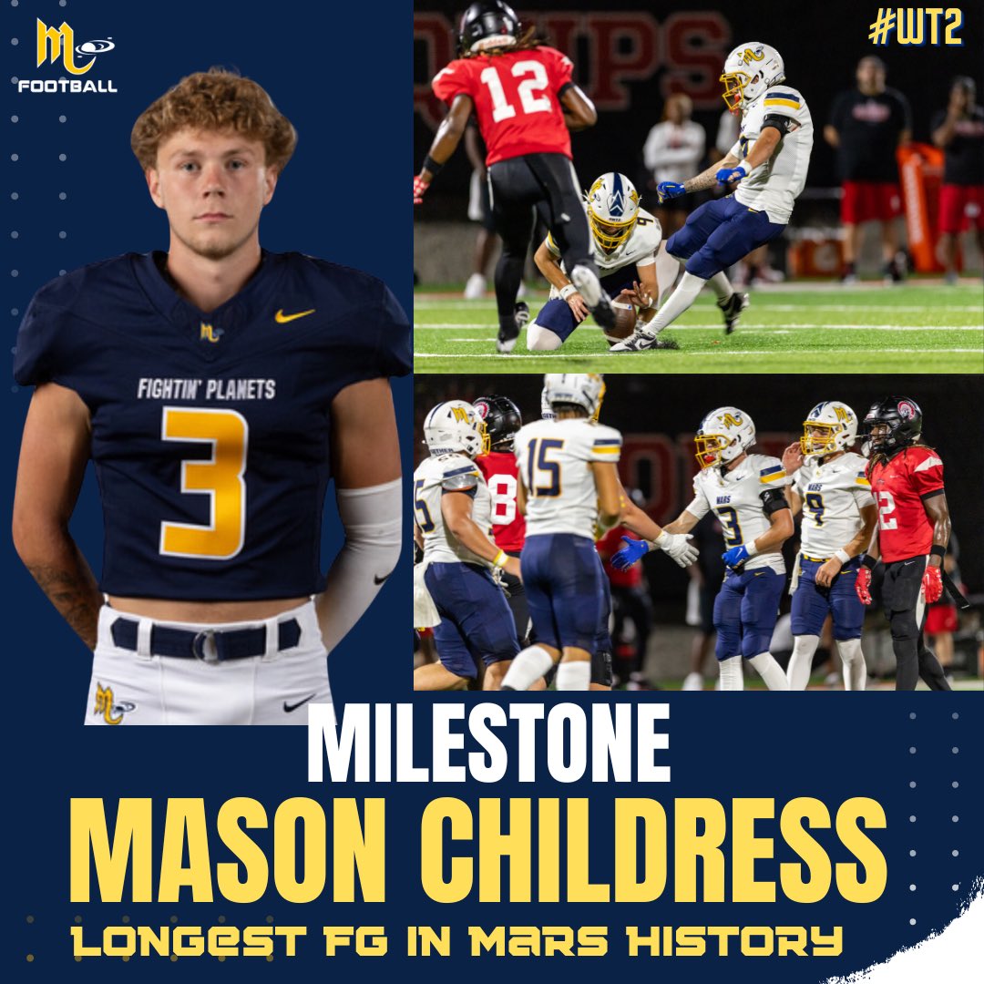 Mars HS Football (@marshsfootball) on Twitter photo Congrats to Senior Mason Childress (<a href="/Mason_chil/">Mason Childress</a> ) on his milestone kick.
Mason’s 46 yd field goal at Aliquippa on 9/13/24 is the longest made FG in Mars history.
Congrats Mason on your historic achievement!!
👏👏👏
#WT2 👽🏈💪 Congrats to Senior Mason Childress (<a href="/Mason_chil/">Mason Childress</a> ) on his milestone kick.
Mason’s 46 yd field goal at Aliquippa on 9/13/24 is the longest made FG in Mars history.
Congrats Mason on your historic achievement!!
👏👏👏
#WT2 👽🏈💪