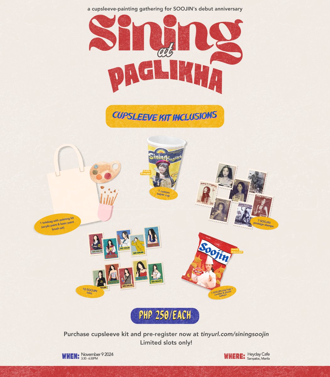 teamsoojinph's tweet photo. 𝐒𝐢𝐧𝐢𝐧𝐠 𝐚𝐭 𝐏𝐚𝐠𝐥𝐢𝐤𝐡𝐚: A cupsleeve-painting gathering for SOOJIN's debut anniversary

🎨 totebag painting &amp; raffle
🖌️ november 9, 2024 • 3:30 to 6:30PM
🖼️ heyday cafe

register here: https://t.co/I2c0hDW1lD

#SOOJIN #수진 #SiningParaKaySOOJIN https://t.co/i7FKW47DxG