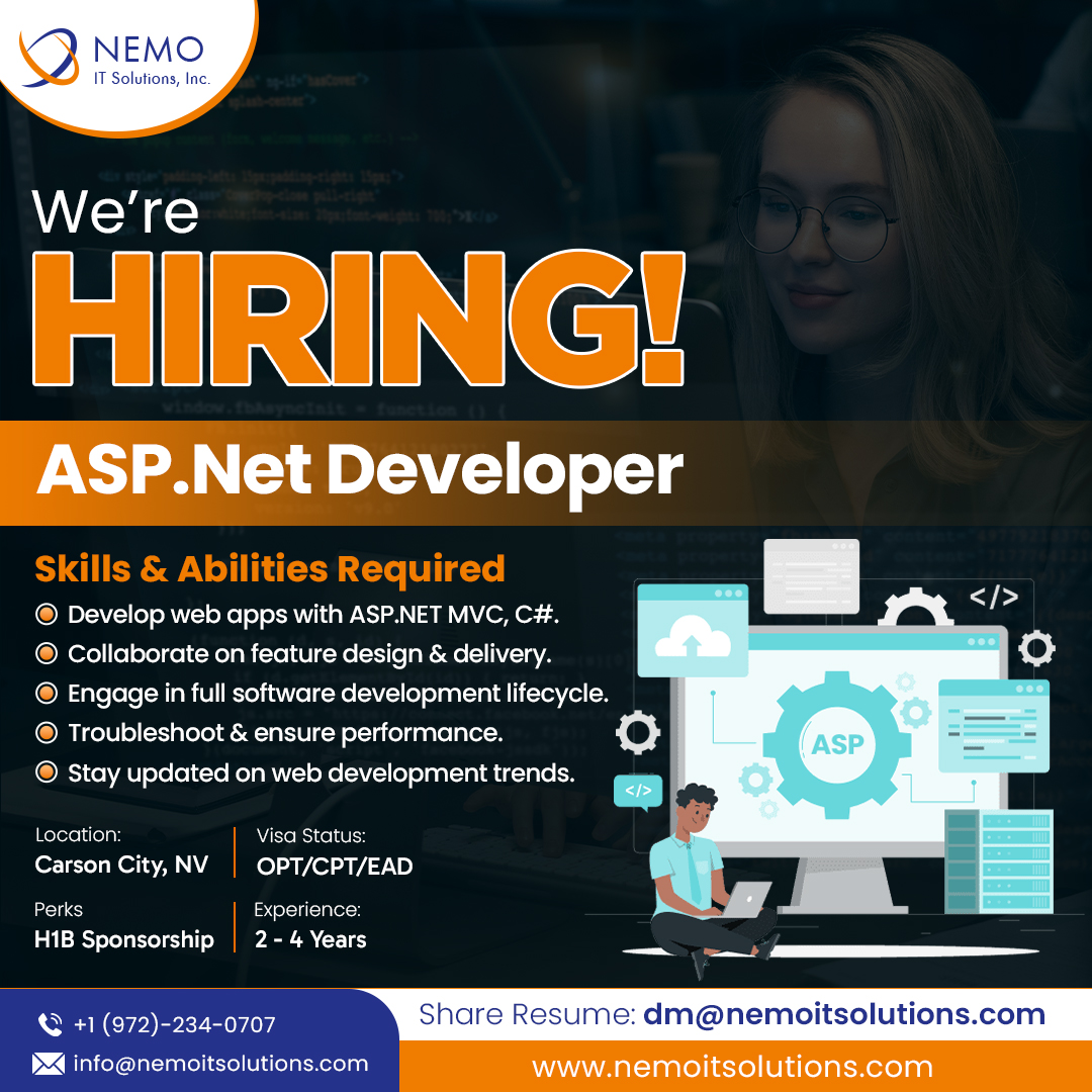 nemoitsolutions's tweet image. Role -  ASP.Net Developer
Experience - 2 - 4 Years
Location - Carson City, NV &amp;amp; Visa - OPT/CPT/EAD
Email Resume: dm@nemoitsolutions.com 
.
.
.
.
#aspdotnet #dotnetdeveloper #dotnethiring #dotnetdeveloperjobs #h1bvisasponsership #dotnet #optjobs #cptjobs