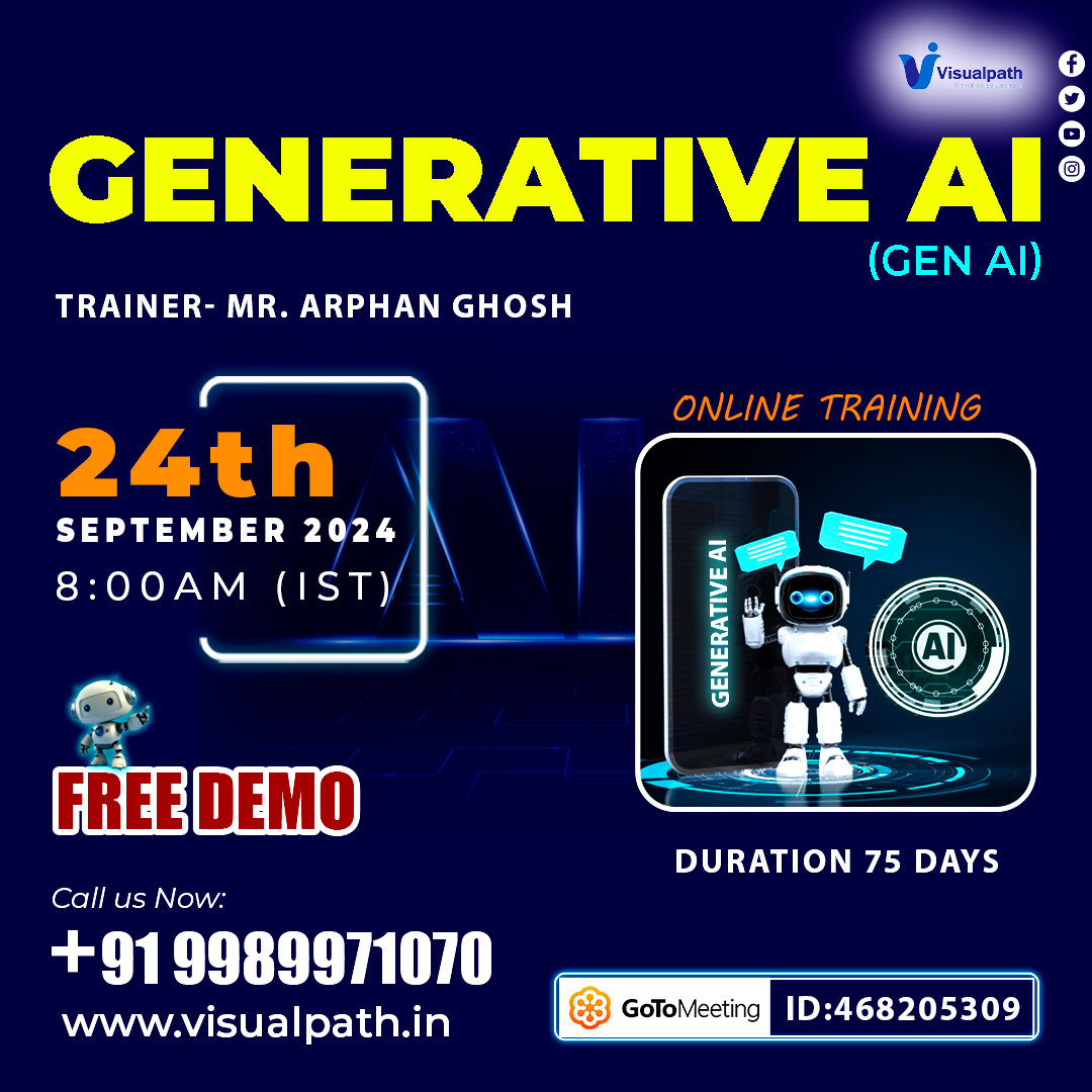 VisualpathPro's tweet photo. Join Now: https://t.co/olj6u9e1h4
Attend Online #FreeDemo on #GenerativeAI (#GenAI) on 24th September, 2024 @ 08:00 AM IST
Call: +91 9989971070.
WhatsApp: https://t.co/PJDcQ8B4ja
Visit: https://t.co/jS7WgAclev
#ArtificialIntelligenceCourse #Ai #artificialintelligence #Aitraining https://t.co/umMQgFlw06