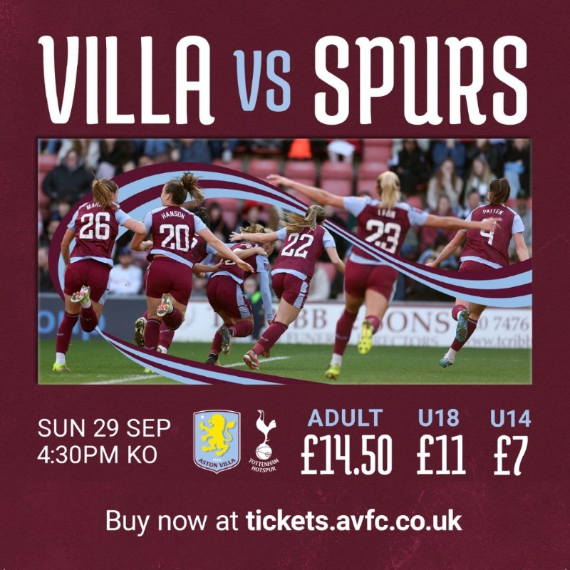AVFCOfficial's tweet photo. Tickets for @AVWFCOfficial's home opener are on sale as they face Spurs at Villa Park. 

Get yours now 👇 🎟️