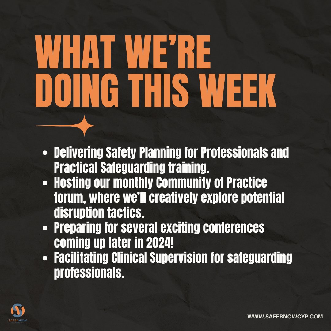 Here’s what we’re up to this week at SaferNow:

📅 Delivering Safety Planning for Professionals and Practical Safeguarding training.

💡 Hosting our monthly Community of Practice forum, where we’ll creatively explore potential disruption tactics and share best practices with the