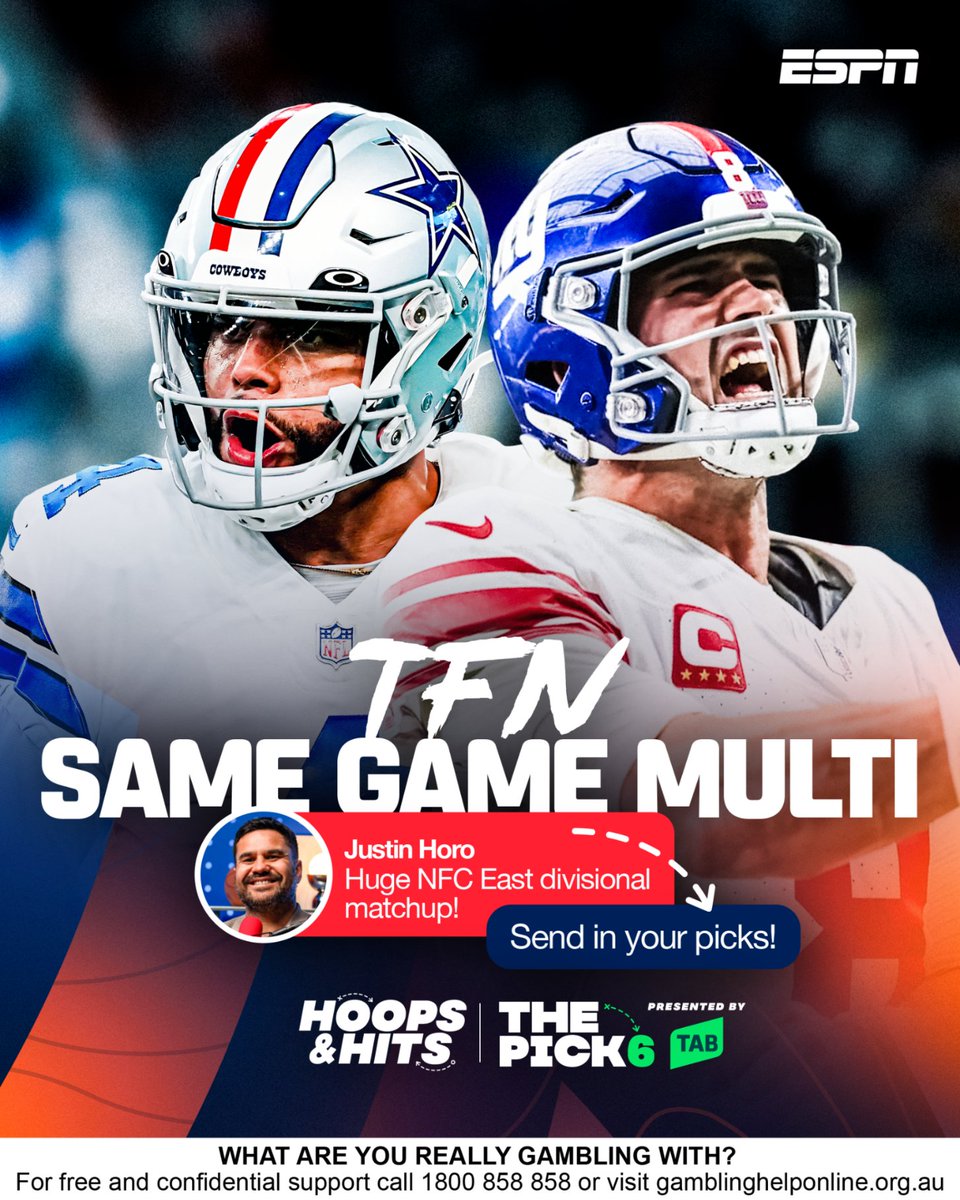 ESPNAusNZ's tweet photo. 🏈💰 Giants vs. Cowboys is just around the corner, and we want to hear your value bets! Who do you think will cover the spread? Who will score a touchdown? Drop your picks and let’s see who’s got the best insight! #TNF #TAB #GiantsvsCowboys #NFCE https://t.co/pJmcPIeqhh