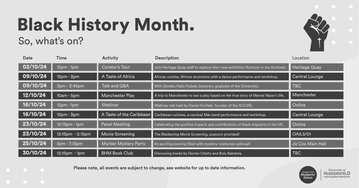October is a time to honor the influential people and events that have shaped African diaspora history. Join us for Black History Month events and get involved! Check them out here: huddersfieldsu.co.uk/events?event_t…

#HudUni #HudSU #BlackHistoryMonth