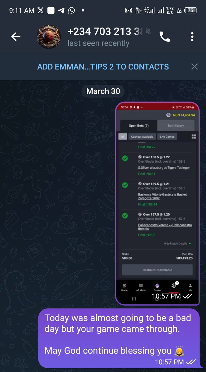 <a href="/Emmanuel_Tips/">KING OF ALL SPORTS</a> I logged off Twitter cos I was having bad luck for awhile but today, you won me over 3million from your telegram code.

May God continue blessing you bro 🙏.

It's not a coincidence that you won me my first 500k in May 2 days after I started betting 😂