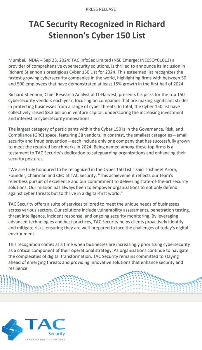 GEMSQUEST's tweet image. TAC Security Recognized in Richard 
Stiennon&apos;s Cyber 150 List.
#TACSECURITY
TAC INFOSEC
