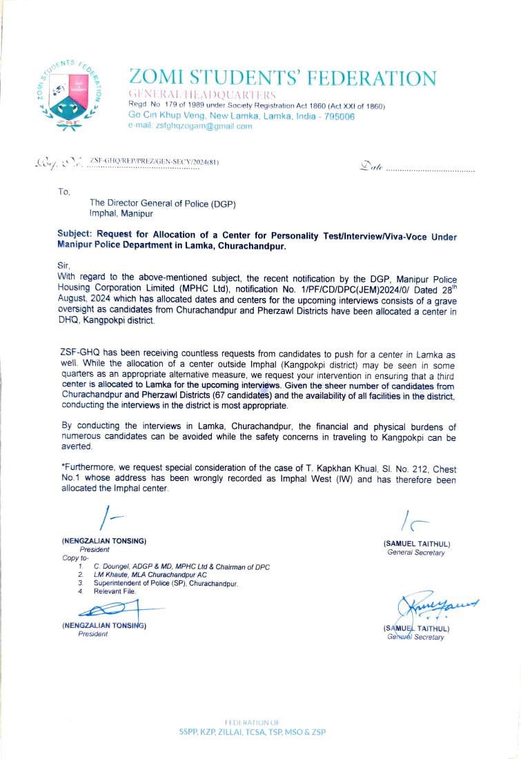zsfghq_official's tweet photo. We urged DIG @manipur_police to allocate a test center for the Police recruitment in Lamka for the 67 candidates hailing from Churachandpur and Pherzawl Districts. Allocating a center in Lamka would alleviate the financial strain on these candidates and ensure fairness in the recruitment process.

Further, we request a prompt rectification in the case of T. Kapkhan Khual, SI No. 212, whose address has been incorrectly listed as Imphal West, resulting in his interview being scheduled in the wrong district.