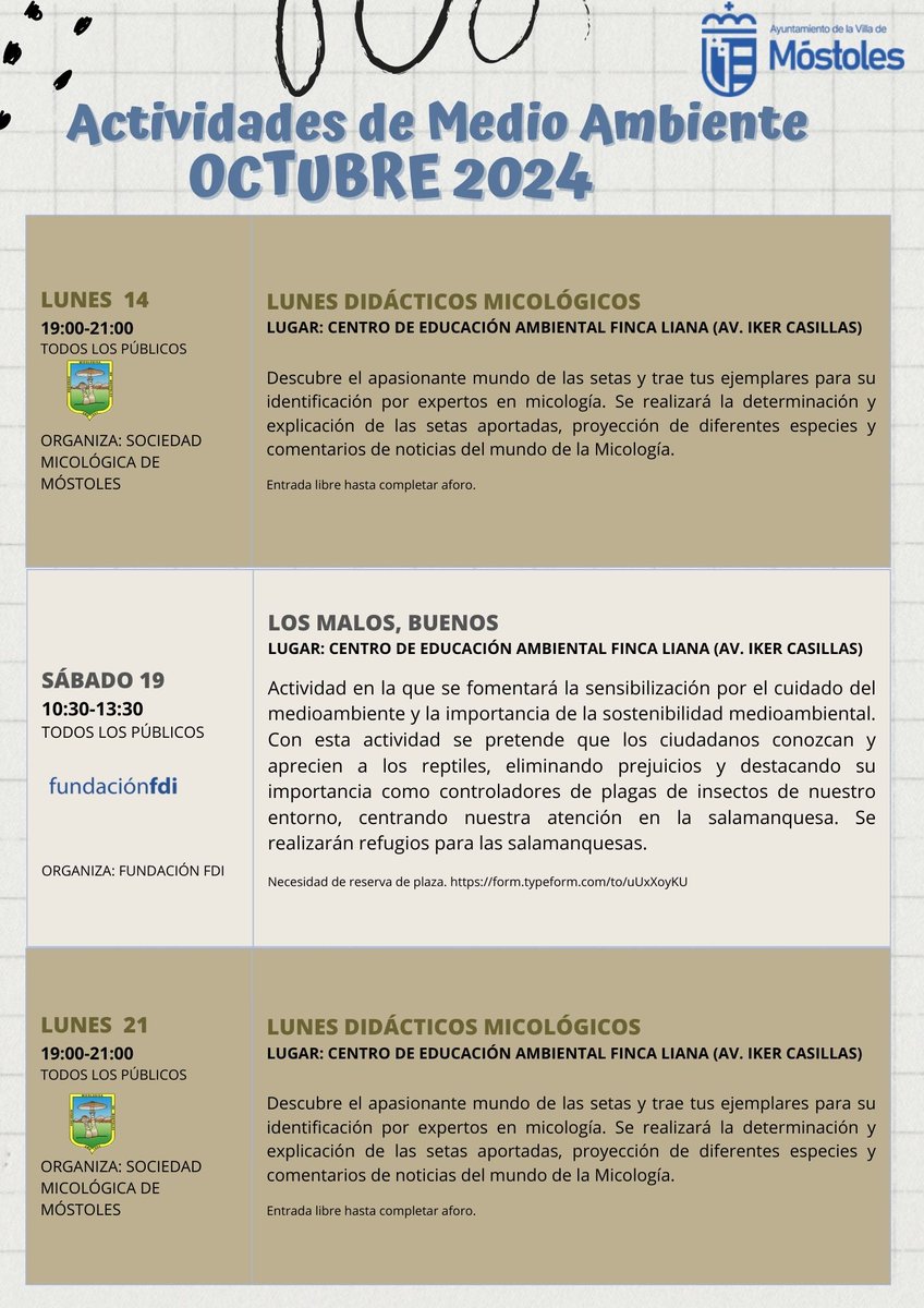 MostolesTransiE's tweet photo. ACTIVIDADES GRATUITAS DE MEDIO AMBIENTE DEL MES DE OCTUBRE https://t.co/5zdHL8Ojx7