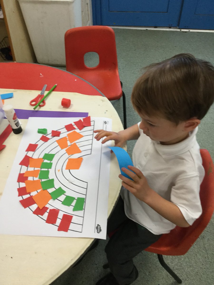 GatesNursery's tweet photo. We continued our learning about colour. We used our fine motor skills to tear the coloured strips of paper to create our rainbows. #TheGatesArt #TheGatesMathematics #TheGatesPhysicalDevelopment. https://t.co/lPBNtkeO8N