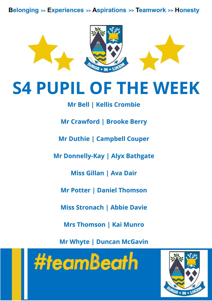 teambeathhwb's tweet photo. ⭐️💙 SENIOR PUPILS OF THE WEEK💙⭐️
Congratulations to our PE pupils of the week who went above and beyond this week. Keep up the good work! @Beath_HS https://t.co/EPVIl5W0sx