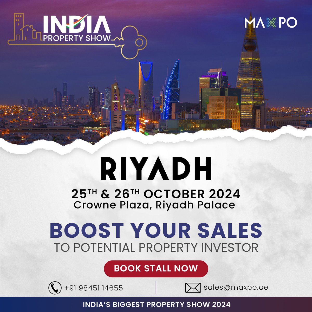 maxpoae's tweet photo. 🏙️ The India Property Show is coming to Riyadh! 🌟
📅 Dates: 25th &amp; 26th October 2024
📍 Venue: Crowne Plaza, Riyadh Palace
Boost your sales and connect with potential property
#IndiaPropertyShow #RiyadhRealEstate #PropertyExhibition #ExhibitYourProperties #RealEstateInvestors https://t.co/pPLVRPLOHD