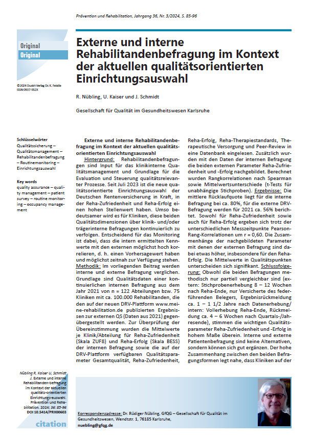 RNuebling's tweet photo. Soeben erschienen: unser Beitrag zum Vergleich externe und interne Rehabilitandenbefragung in der #Prävention & #Rehabilitation 3/2024 https://t.co/IZ8b57VYuV
#PatientReportedOutcomes #PRO #Outcome #QM
#Qualitätsmanagement #Qualitätssicherung #Routinemonitoring https://t.co/BykRZJ7yqT