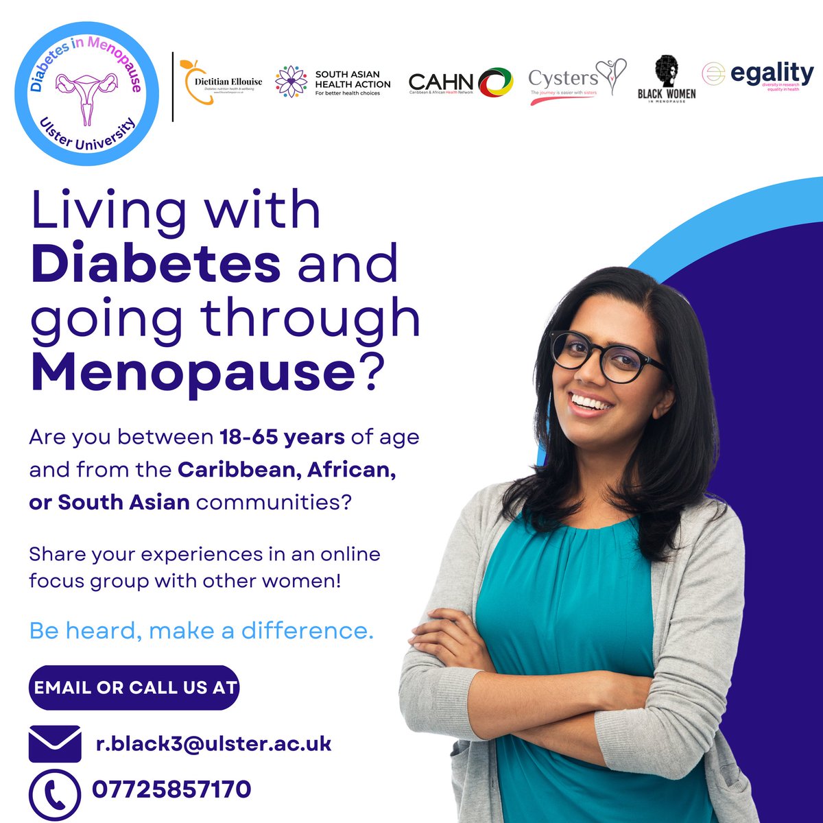 Cysters ๐ ๐ โ๐ฟ (@cystersgroup) on Twitter photo ๐ Be a Voice for Change! Women in the Caribbean, African, South Asian, and ethnically diverse communities โ we want to amplify your experiences.
Let's bridge the gap in menopause and diabetes research together.
Join our online focus groups โ email r.black3@ulster.ac.ukโค๏ธ ๐ Be a Voice for Change! Women in the Caribbean, African, South Asian, and ethnically diverse communities โ we want to amplify your experiences.
Let's bridge the gap in menopause and diabetes research together.
Join our online focus groups โ email r.black3@ulster.ac.ukโค๏ธ