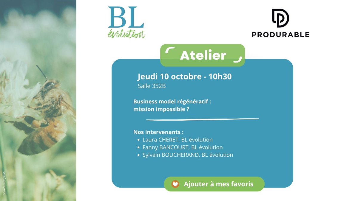[Atelier #Produrable]
📌 Business model régénératif : mission impossible ?

📅 10/10/2024
 ⏰ 10h30 - 11h15
 📍 Salle 352B

Rendez-vous ici : produrable.com/fr/programme/b…