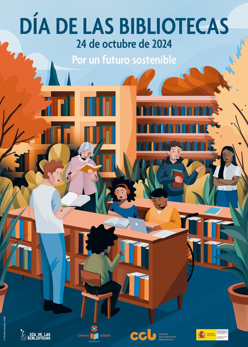 🆕 "Por un futuro sostenible" es el lema escogido para celebrar el #DíaDeLasBibliotecas2024, y este es el maravilloso cartel diseñado por Nicolás Aznárez.
Desde aquí reivindicamos el trabajo de las #bibliotecas para lograr un mundo más justo, igualitario y sostenible #ODS 🌱🫂.