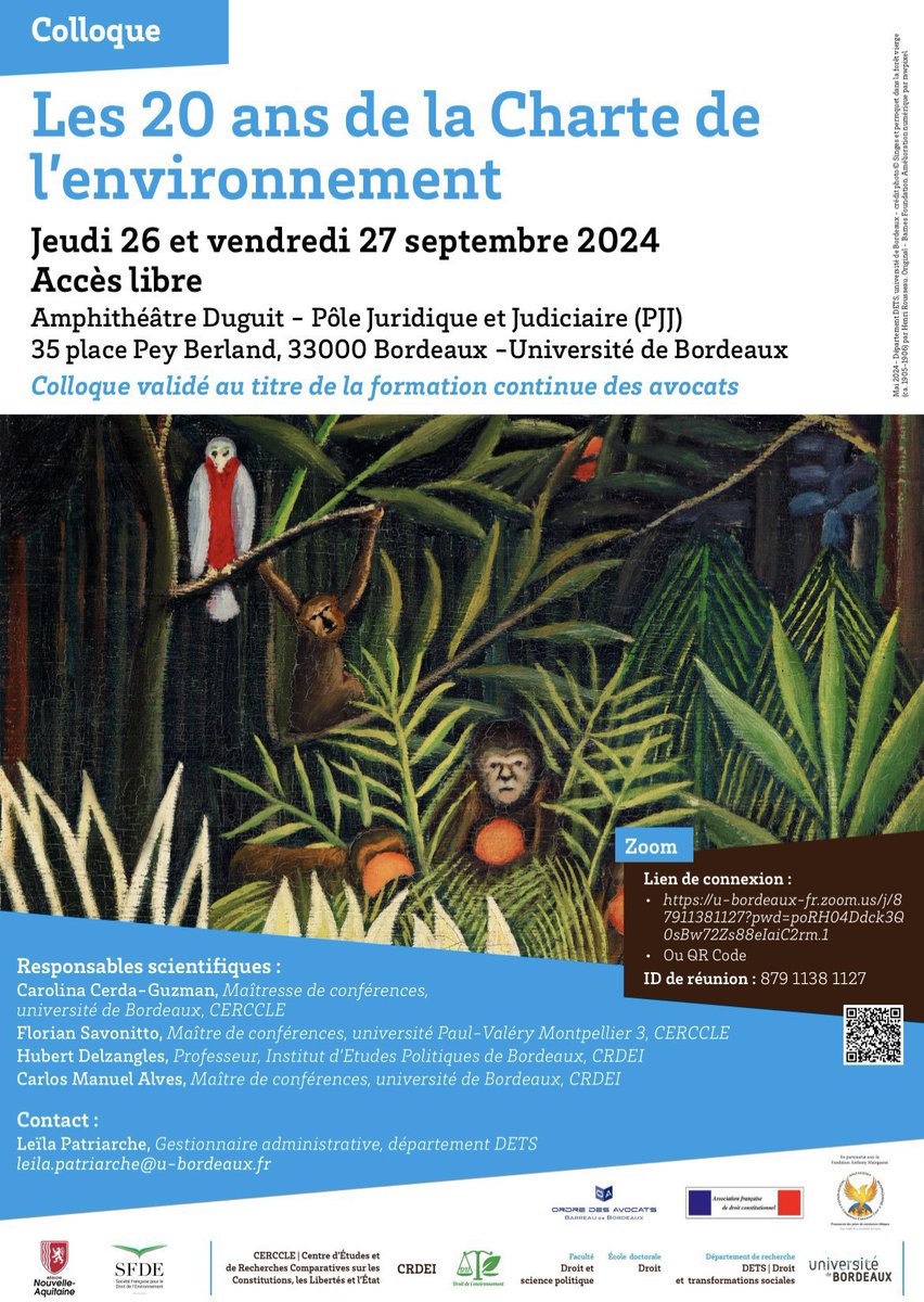 Asso_AFDC's tweet image. Ces 26 et 27 septembre 2024, @caro_in_red @Flosavonitto @hdelzangles et Carlos Manuel Alves organisent un colloque sur les 20 ans de la Charte de l’environnement.
Le colloque aura lieu à l’@univbordeaux (amphi Duguit).
@cerccle @CRDEI_33 @dept_DETS
Informations et programme 👇
