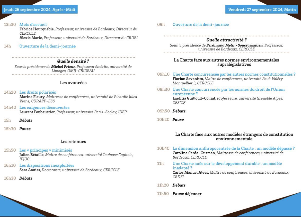 Asso_AFDC's tweet image. Ces 26 et 27 septembre 2024, @caro_in_red @Flosavonitto @hdelzangles et Carlos Manuel Alves organisent un colloque sur les 20 ans de la Charte de l’environnement.
Le colloque aura lieu à l’@univbordeaux (amphi Duguit).
@cerccle @CRDEI_33 @dept_DETS
Informations et programme 👇