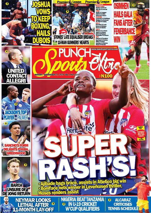 standard_ngr's tweet photo. MONDAY SEPTEMBER 23, 2024 NIGERIA NEWSPAPER HEADLINES
1. Punch
- Edo poll: PDP alleges rigging as APC Okpebholo wins
2. Sports
- Joshua vows to keep boxing, hails Dubois
Tags: #EdoDecides24 #JoshuaDubois #LCDLCMX I #LaCasaDeLosFamososMex #BBNaija I #INECUnderAttack #BBN I https://t.co/eNt85LT1ew