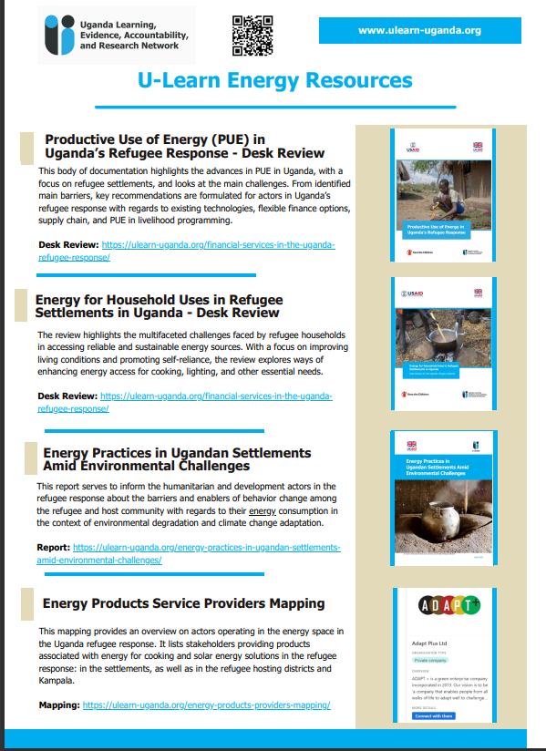 ULearnUganda's tweet photo. Are you interested in #energy for #refugees in #Uganda ? 
Check our resources looking at:
- Energy Practices Amid #Environmental Challenges
- Energy for Household Uses in #Refugee Settlements
- Productive Use of Energy in Uganda’s #RefugeeResponse
etc

#evidenceinpractice https://t.co/gxgFQO0noL