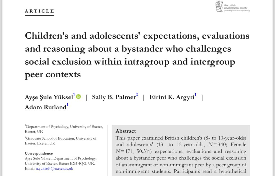 Happy to share that our paper has just been published in BJDP! It examined children’s and adolescents’ expectations, evaluations, and reasoning about bystander challenging in either intergroup or intragroup social exclusion contexts. bpspsychub.onlinelibrary.wiley.com/doi/10.1111/bj…