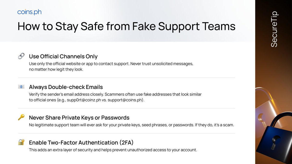 coinsph's tweet photo. #SecureTip: Beware of fake support teams! 🚨
Scammers may pose as customer service reps to steal your info. Remember, official support will NEVER ask for passwords or keys.
Check out this quick guide to stay ahead and keep your crypto safe! 🔐
#StayVigilant #CryptoSecurity https://t.co/WwOEMJYvIh