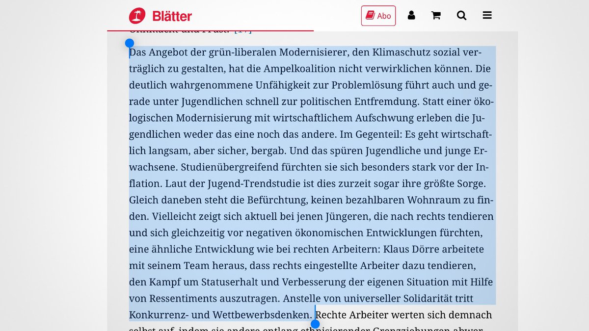 Was verbindet die Stärke der AfD bei Jungen mit dem Einbruch der Grünen?

Hypothese: Das grünliberale Modernisierungsprojekt ist gescheitert. Statt grünem Aufschwung geht es bergab, die Jugend flüchtet sich in eine „Ethnisierung des Sozialen“.

blaetter.de/ausgabe/2024/s…