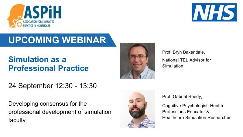ASPiH (@aspihuk) on Twitter photo Tomorrow #ASPiH & the #TEL Becoming Simulation Faculty Programme will be presenting a webinar ‘#Simulation as a Professional Practice – Developing consensus for the professional development of simulation faculty’ from <a href="/gasmanbax/">Bryn Baxendale</a> & <a href="/gabereedy/">Gabriel Reedy (he/him)</a>
buff.ly/4e7XBga
<a href="/NHSE_TEL/">NHSE TEL Team</a> Tomorrow #ASPiH & the #TEL Becoming Simulation Faculty Programme will be presenting a webinar ‘#Simulation as a Professional Practice – Developing consensus for the professional development of simulation faculty’ from <a href="/gasmanbax/">Bryn Baxendale</a> & <a href="/gabereedy/">Gabriel Reedy (he/him)</a>
buff.ly/4e7XBga
<a href="/NHSE_TEL/">NHSE TEL Team</a>