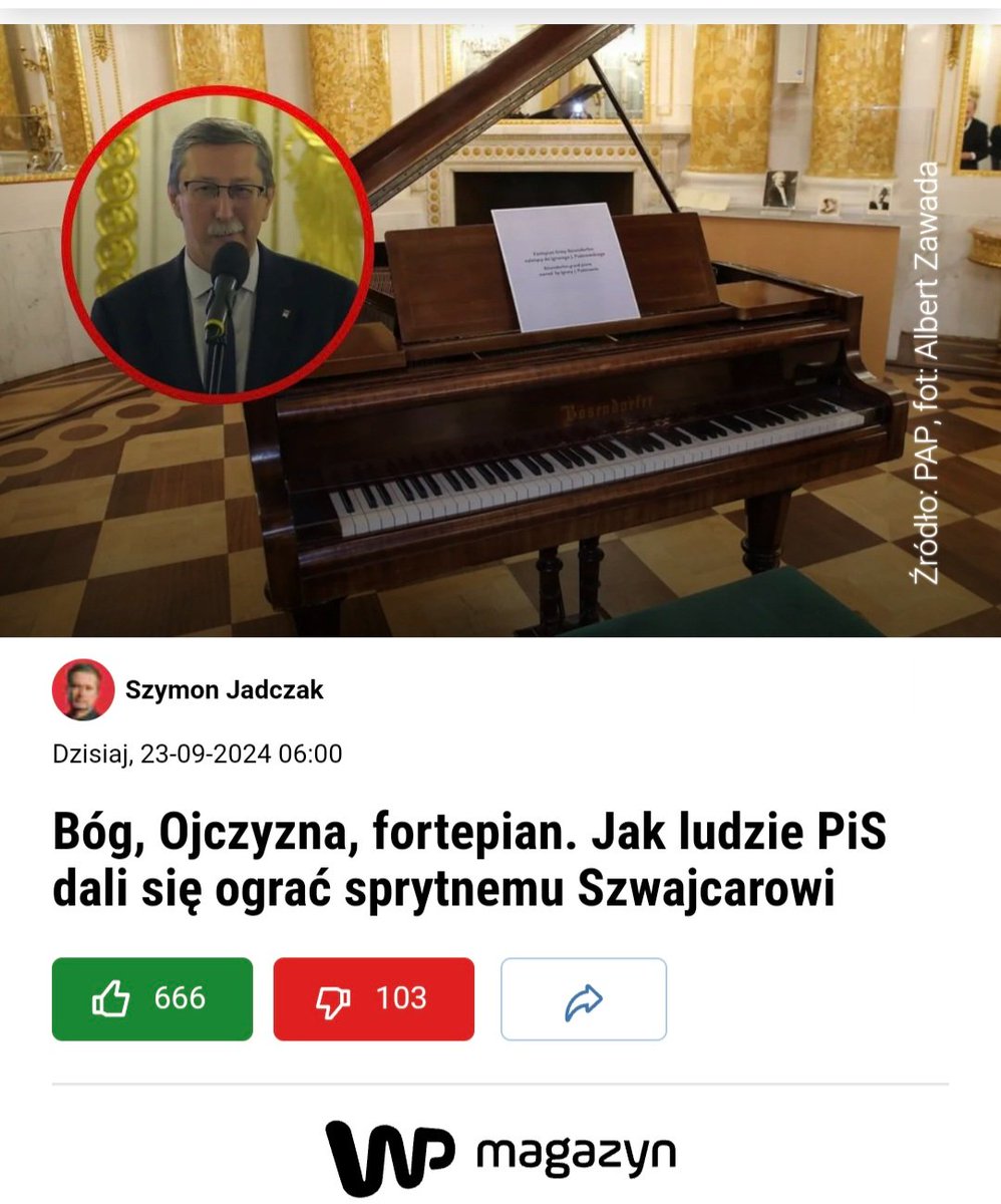 tuin_vander's tweet photo. #FortepianPaderewskiego
#Fuszerka
Cała ta żarliwa, narodowa miłość do Polski pana Żaryna @StZaryn, jest tyle warta, co niby prawdziwy fortepian mistrza Paderewskiego, sprowadzony za grubą kasę ze Szwajcarii, przez kolejny instytut wydmuszkę do robienia wałów.
Pana Żaryn, znany twardziel, ugiął się pod emocjonalnym szantażem chorego sprzedawcy.
A to czy Ignacy Paderewski widział na oczy instrunent, zeszło na drugi plan..
Idealny przykład, że krowa, która dużo ryczy, mało mleka daje.
Pan Żaryn i koledzy (@PiotrGlinski ) są właśnie taką krową, bo ich wymiona, oprócz tego, że są imponując na pokaz, w gruncie rzeczy są puste.
*Artykuł warto przeczytać na WP.
*Napisał go @SzJadczak
*Nagłówek jest niedekwatny. W tym przypadku powinno być, że złodziej dał się okraść innemu złodziejowi, ale i tak obaj "zarobili" ☝️