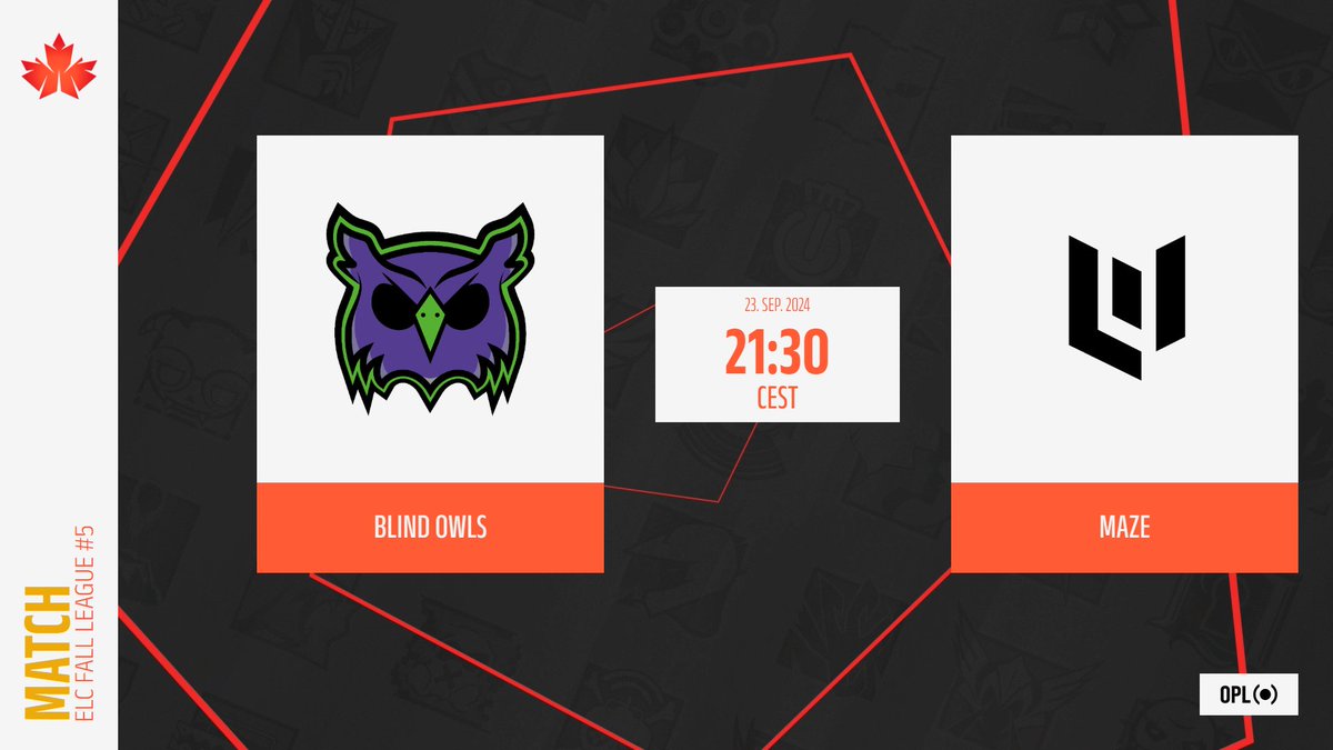 [𝐄𝐋𝐂 𝗙𝗮𝗹𝗹 𝐋𝐞𝐚𝐠𝐮𝐞 #𝟱]

Round 2 tonight in the Challenger division !

🇮🇹 <a href="/BlindOwlsGG/">Blind Owls Esports</a> 🆚 <a href="/R6Maze/">MAZE Esports x R6</a> 🇮🇹
🕤 21:30 CEST
🗺️ B01

🎙️ <a href="/GesGabbo/">Gabriele</a> 

🔴 twitch.tv/gesgabbotv