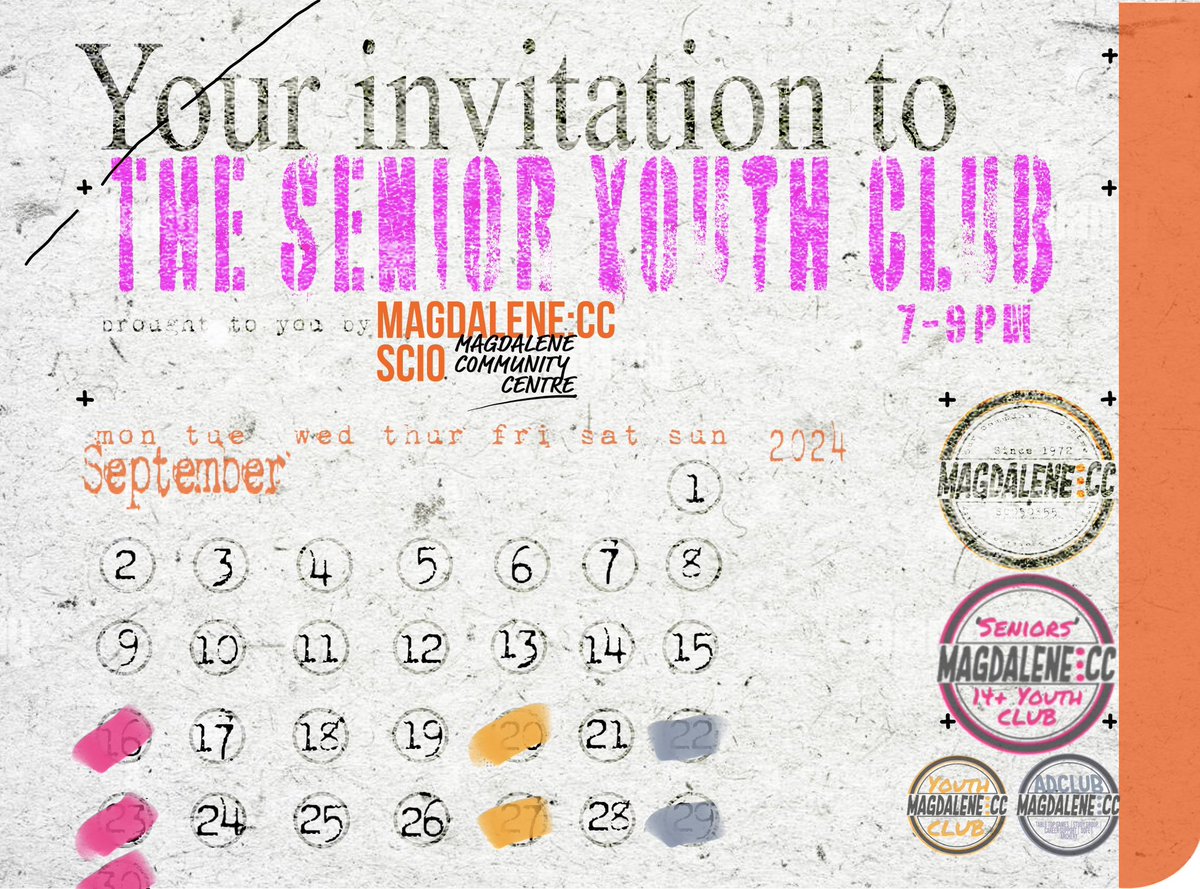 🔥 Senior Youth Club - Your New Hangout! 🔥
￼
For all those in S3 and up—this is YOUR space! Come chill, play games, and take part in cool activities with friends.
🗓 Every Monday
⏰ 7:00pm - 9:00pm
📍 Magdalene Community Centre
#SeniorsYouthClub #S3Plus #MondayNight