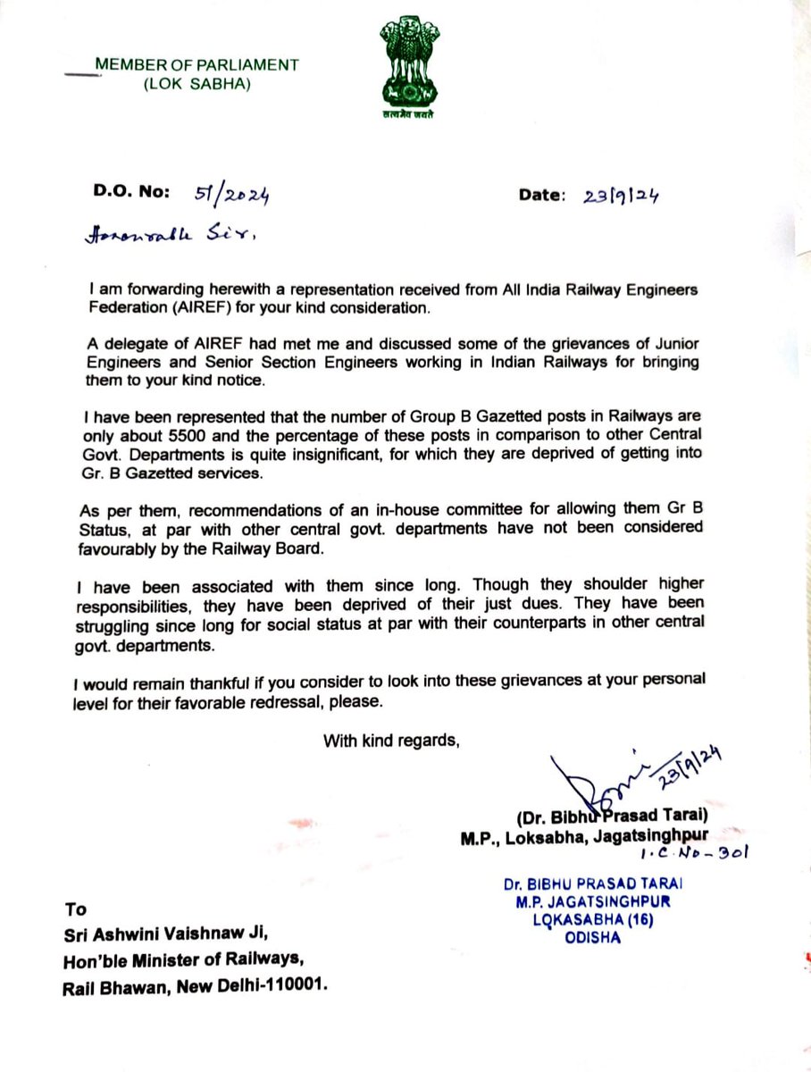 Thanks <a href="/DrBibhuTarai/">Dr Bibhu Prasad Tarai</a> Ji for promptly writing a letter to Hon'ble MR <a href="/AshwiniVaishnaw/">Ashwini Vaishnaw</a> Ji regarding the grievances of JE/SSEs of <a href="/RailMinIndia/">Ministry of Railways</a>, represented by <a href="/my_airef/">All India Railway Engineers Federation</a> .  #JusticetoRly_JE_SSE