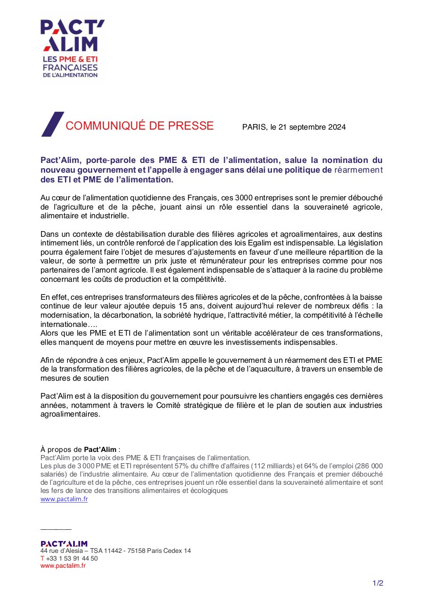 Pact’Alim, porte-parole des PME &amp; ETI  de l’alimentation, salue la nomination du nouveau gouvernement et  l’appelle à engager sans délai une politique de réarmement des ETI et  PME de l’alimentation. 
 🔗pactalim.fr/cp/nouveau-gou…
#barnier #gouvernement