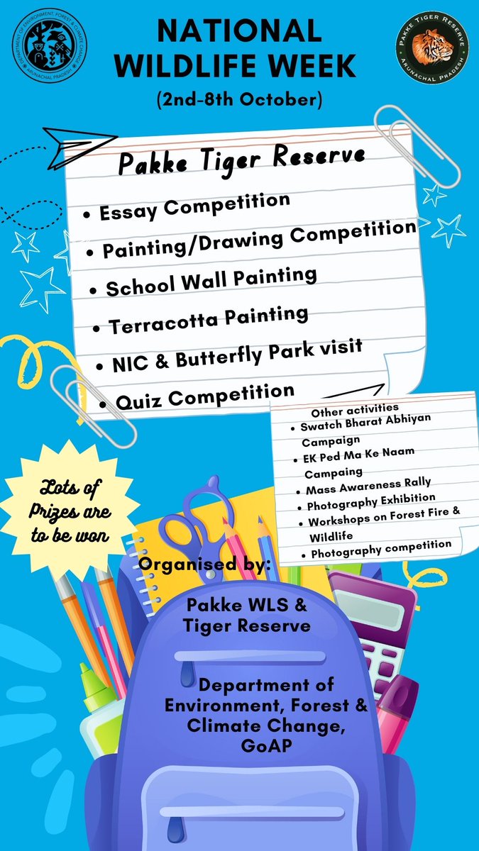 PAKKE TIGER RESERVE (@pakke_tiger) on Twitter photo Pakke Tiger Reserve, Seijosa, DoEF&CC, Government of Arunachal Pradesh is organizing events such as various school level competitions, Terracotta painting, & Wall painting etc. for celebration of Wildlife Week (2nd to 8th Oct).
<a href="/MyGovArunachal/">MyGov Arunachal Pradesh</a> <a href="/ntca_india/">National Tiger Conservation Authority</a> <a href="/ArunForests/">Dept. of Environment, Forest & Climate Change, AP</a> <a href="/moefcc/">MoEF&CC</a> Pakke Tiger Reserve, Seijosa, DoEF&CC, Government of Arunachal Pradesh is organizing events such as various school level competitions, Terracotta painting, & Wall painting etc. for celebration of Wildlife Week (2nd to 8th Oct).
<a href="/MyGovArunachal/">MyGov Arunachal Pradesh</a> <a href="/ntca_india/">National Tiger Conservation Authority</a> <a href="/ArunForests/">Dept. of Environment, Forest & Climate Change, AP</a> <a href="/moefcc/">MoEF&CC</a>