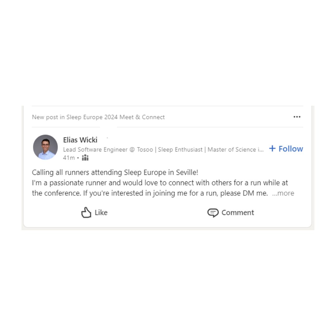 Sleep Europe 2024 is tomorrow! What are your plans for Seville outside the conference? 🌞

Maybe Elias Wicki’s group run can inspire you! 🏃‍♂️ Join our exclusive LinkedIn group and connect with 100+ attendees.

Comment "Group" for the link if you don't have it!

#SleepEurope2024