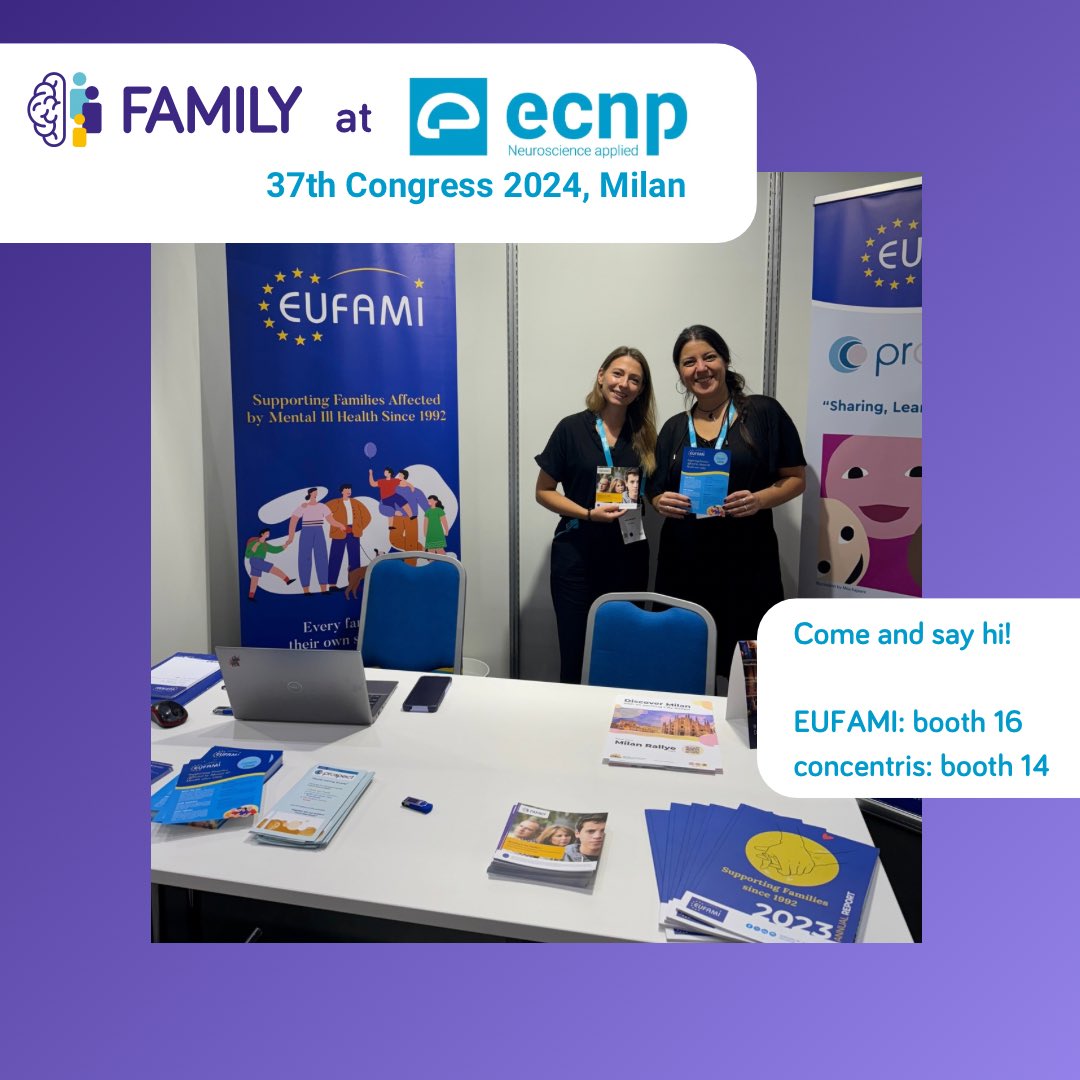 family_eu's tweet image. Our #workpackage 9 - dissemination, communication, training &amp;amp; guideline development - is greatly represented at #ECNP2024! 
Dimitra from @EUFAMI and @ninakrgth from @concentris_EU are happy to chat with you about #FAMILY! 🧬🧠🧑‍🧑‍🧒‍🧒
Come by at booth 16 &amp;amp; 14, Level 0! 👋