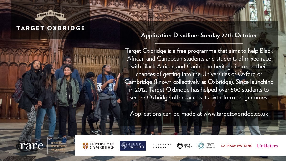 Target Oxbridge is now open for applications! UK-based Year 12 students of Black African and Caribbean heritage, including mixed race students, can now apply for our free programme of personalised support. Find out more here: targetoxbridge.co.uk