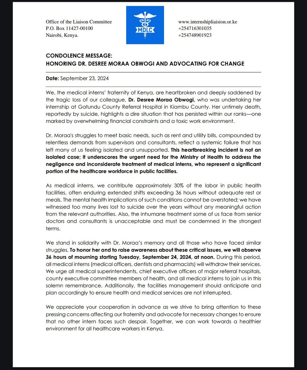 We stand in solidarity with Dr. Moraa’s memory and all those who have faced similar struggles. 

To honor her and to raise awareness about critical welfare issues, we will observe 36 hours of mourning starting Tuesday, September 24, 2024, at noon. 

#RIPDrMoraa <a href="/kmpdu/">KMPDU</a> <a href="/MOH_Kenya/">Ministry of Health</a>