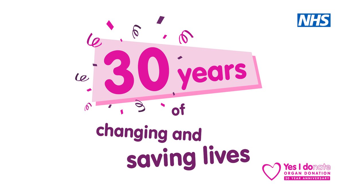 It's #OrganDonationWeek, and we're celebrating the 30th anniversary of the Organ Donor Register! 

More than 100,000 lives have been saved over the last 30 years thanks to the generosity of organ donors and their families.

Register your decision ➡️   orlo.uk/zQLl0