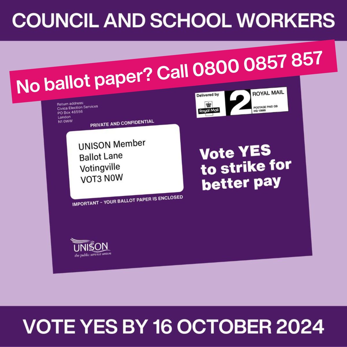 unisontheunion's tweet photo. 🚨 URGENT - School and council staff in England and Wales

✅ Vote YES to action
📮 Return your vote
☎️ No ballot paper? 0800 0857 857
💜 Not in UNISON? Join now and get a vote! https://t.co/UDty0yNT69 https://t.co/fLt6XYENLy