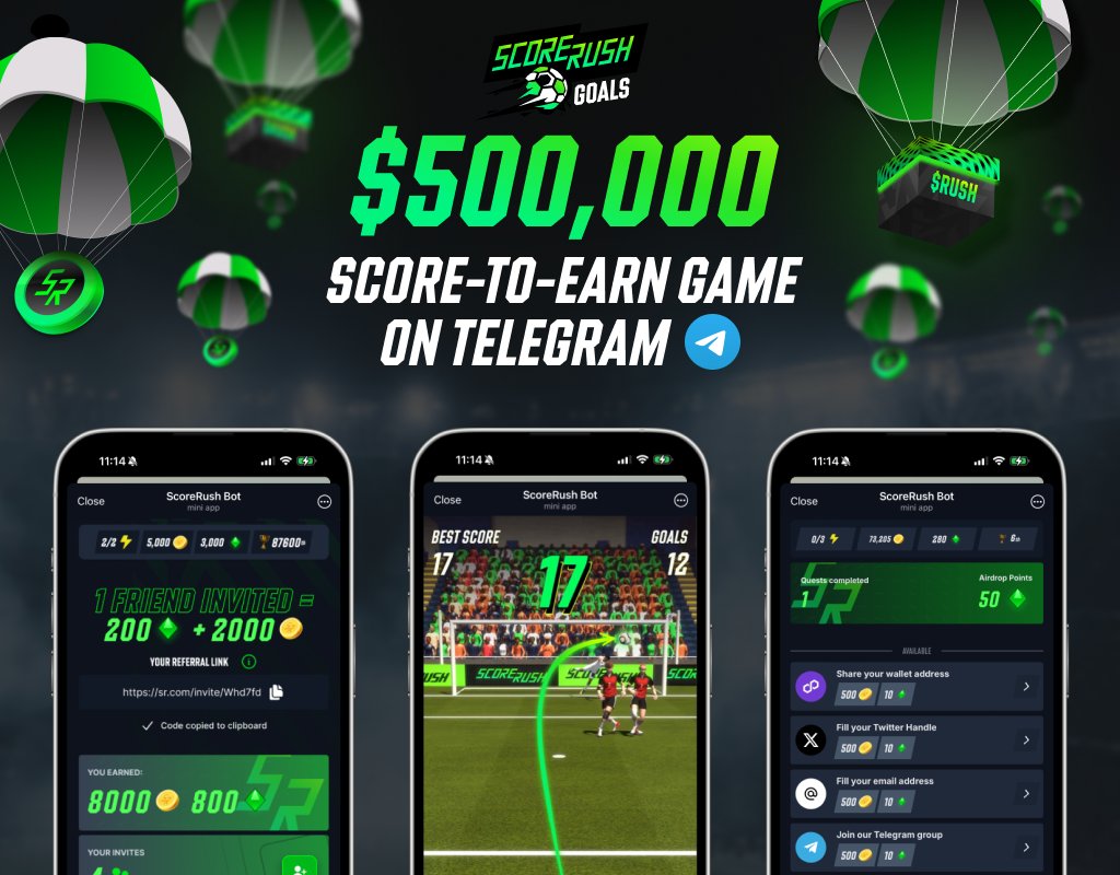 🚀 $500K $RUSH Airdrop Alert! ⚽️ Score goals, earn crypto in our new Telegram game!

🔥 Join the revolution:
📰 Get the scoop: play.scorerush.game/AirDrop500k
📢 Stay updated: play.scorerush.game/TelegramNews
🎮 Play now: play.scorerush.game/SRGoals

Don't miss out on this game-changing opportunity!