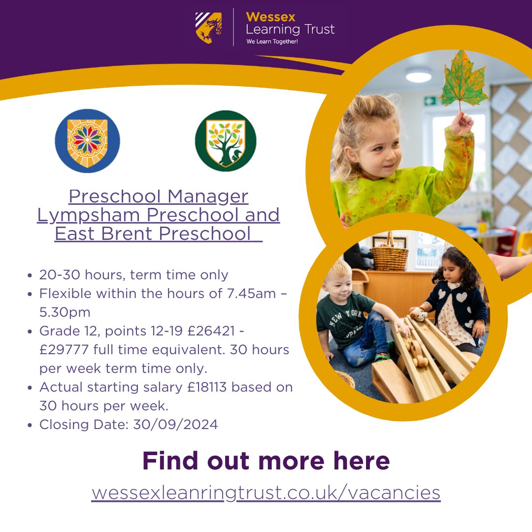 If you’re ready to make a difference and lead with passion, we’d love to hear from you!

Apply today: wessexlearningtrust.co.uk/vaca.../presch…

Join the Wessex Learning Trust and help us create a bright future for our youngest learners!

#JobOpportunity #WessexLearningTrust #SomersetJobs