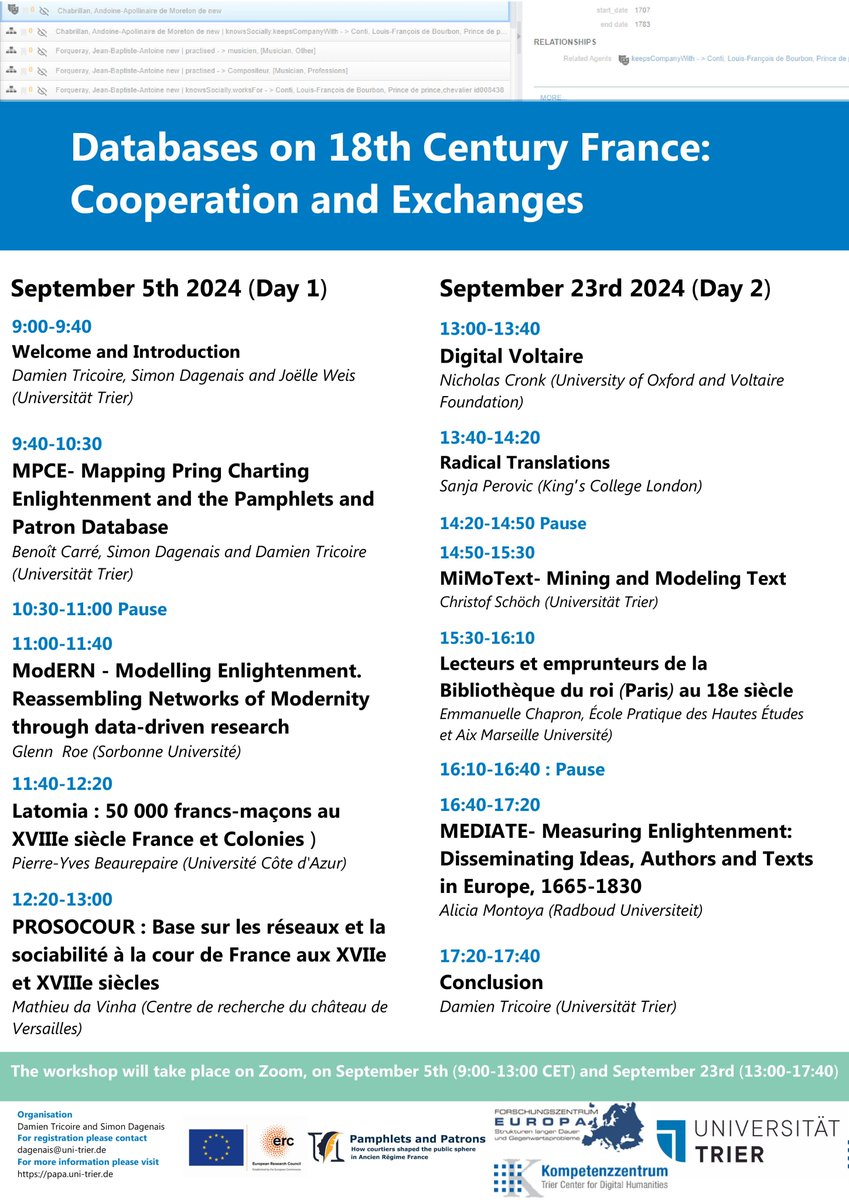 PaPaERC's tweet photo. @SBurrowsFBTEE This is the final schedule of the second day of our workshop! Il y aura des présentations en anglais et en français de @VoltaireOxford @christof77 @echapron @Mediate18c and @DTricoire

See you at 13:00 CET time!

#earlymodern #twitterstorians #TeamModerniste https://t.co/wSZ4XJ2Znk