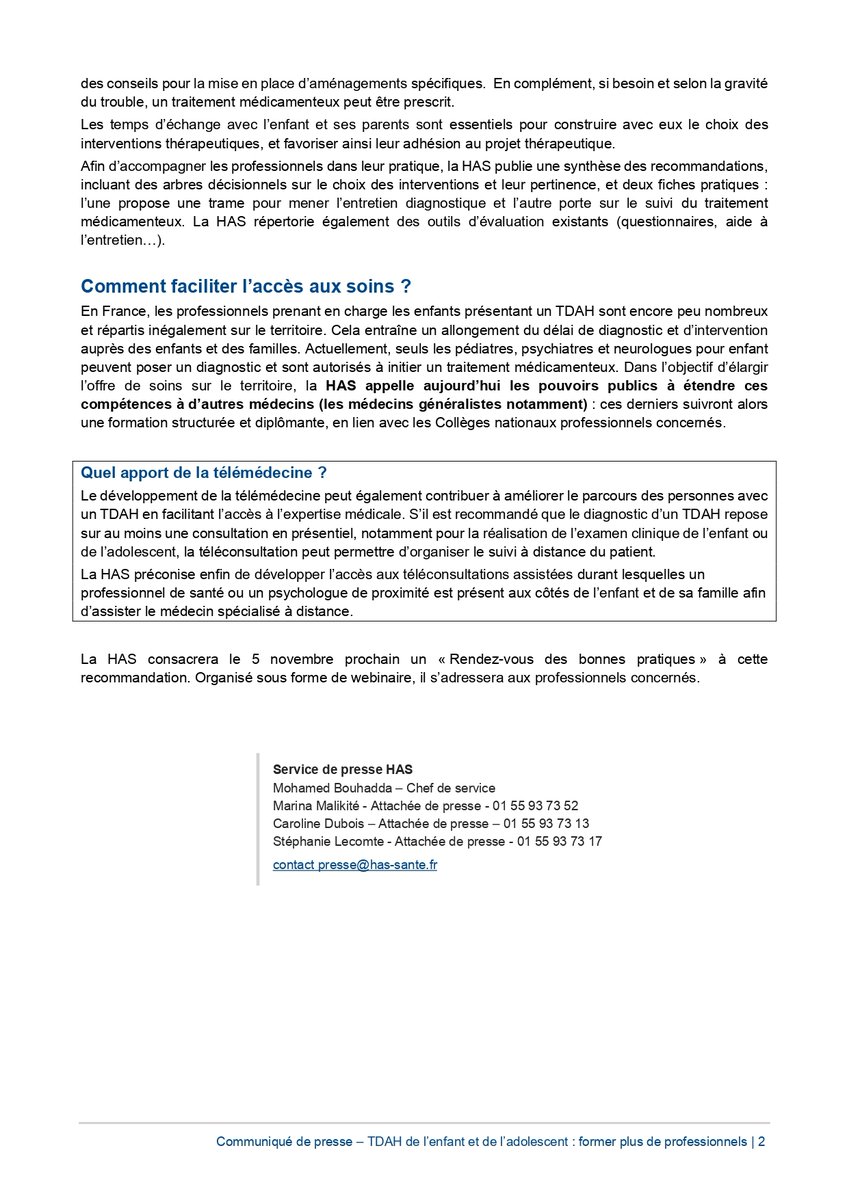 #Communiqué | #TDAH de l’enfant et adolescent : la HAS publie des recommandations pour améliorer le diagnostic et la prise en charge 
➕ Elle appelle à former plus de professionnels pour réduire les délais de prise en charge 
👉 swll.to/wRntp
