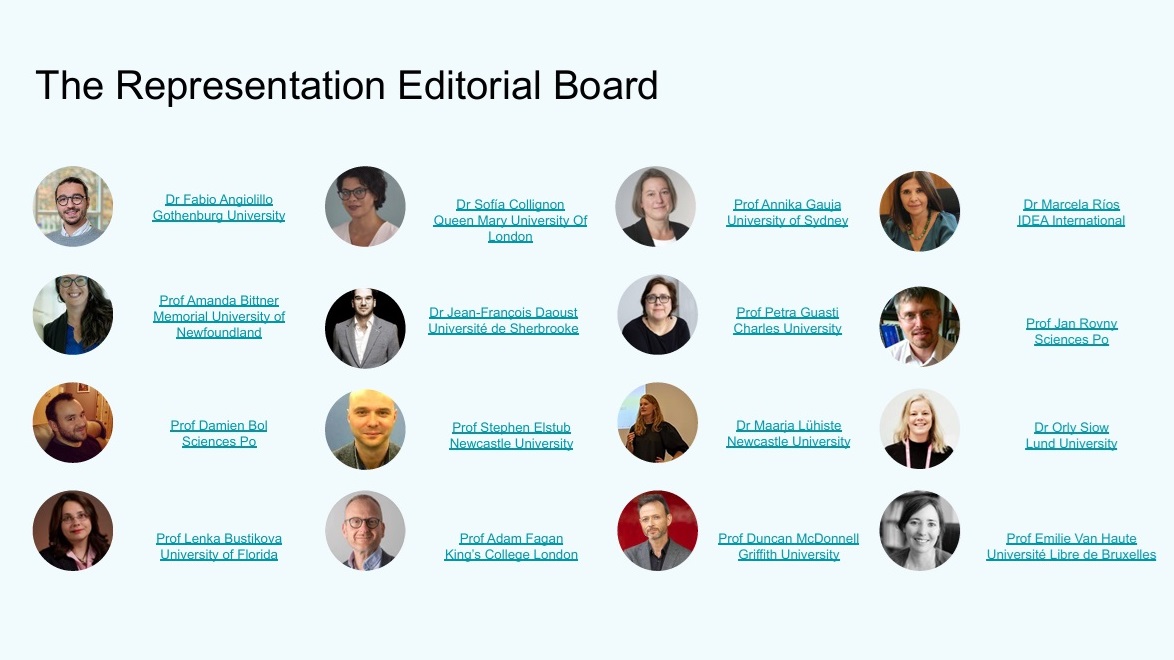 Representation (@repjournal) on Twitter photo We are delighted to announce <a href="/RepJournal/">Representation</a>'s Editorial Board. It is an impressive group! We look forward to working together
tandfonline.com/journals/rrep2… <a href="/SofiaColMar/">Dr Sofia Collignon</a> <a href="/StephenElstub/">Stephen Elstub</a> <a href="/AdamFagan24/">Adam Fagan</a> <a href="/anika_gauja/">Anika Gauja</a> <a href="/PetraGuasti/">Petra Guasti</a> @MaarjaLuh <a href="/duncanmcdonnell/">Duncan McDonnell</a> <a href="/JanRovny/">Jan Rovny</a> <a href="/DrOrlySiow/">Dr Orly Siow</a> <a href="/Emilie_vanHaute/">Emilie van Haute</a> We are delighted to announce <a href="/RepJournal/">Representation</a>'s Editorial Board. It is an impressive group! We look forward to working together
tandfonline.com/journals/rrep2… <a href="/SofiaColMar/">Dr Sofia Collignon</a> <a href="/StephenElstub/">Stephen Elstub</a> <a href="/AdamFagan24/">Adam Fagan</a> <a href="/anika_gauja/">Anika Gauja</a> <a href="/PetraGuasti/">Petra Guasti</a> @MaarjaLuh <a href="/duncanmcdonnell/">Duncan McDonnell</a> <a href="/JanRovny/">Jan Rovny</a> <a href="/DrOrlySiow/">Dr Orly Siow</a> <a href="/Emilie_vanHaute/">Emilie van Haute</a>
