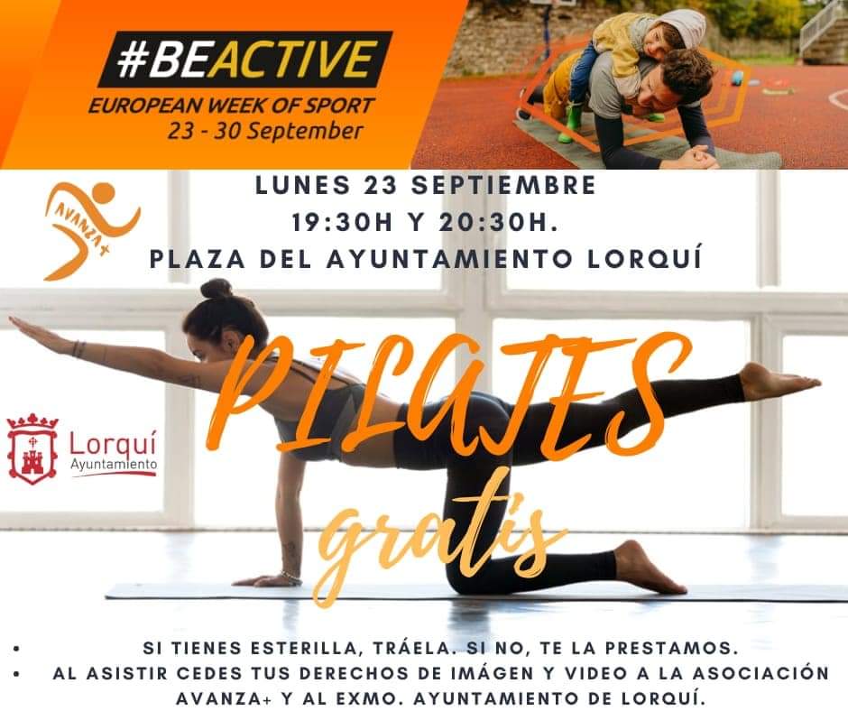Comienza la Semana Europea del Deporte con una clase gratuita de Pilates. 

¿Lo conoces? Ven a probarlo. 

📅 Lunes 23 septiembre 
⏰19.30 y 20.30 horas 
📍  Plaza del Ayuntamiento