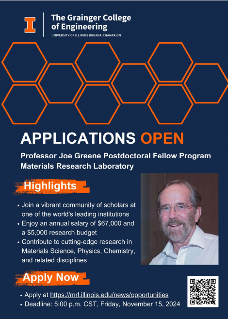 🚨 Applications Open! 🚨 
The Prof. Joe Green Postdoctoral Fellowship Program at the Materials Research Lab is accepting applications! Great opportunity for materials science students! 
Deadline: Nov 15, 2024. 
More info: mrl.illinois.edu/news/opportuni… #IUVSTA