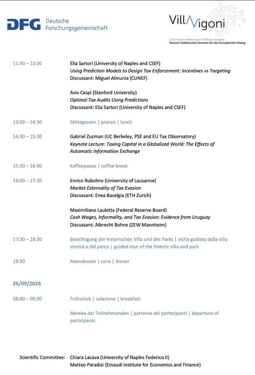 We are all set for the workshop 'Providing Incentives for Tax Compliance through Tax Audit Design' at @villavigoni! Looking forward to insightful discussions on enhancing tax compliance strategies. Check out the full program: ft.ax/2Sa <a href="/MatteoParadisi/">Matteo Paradisi</a>