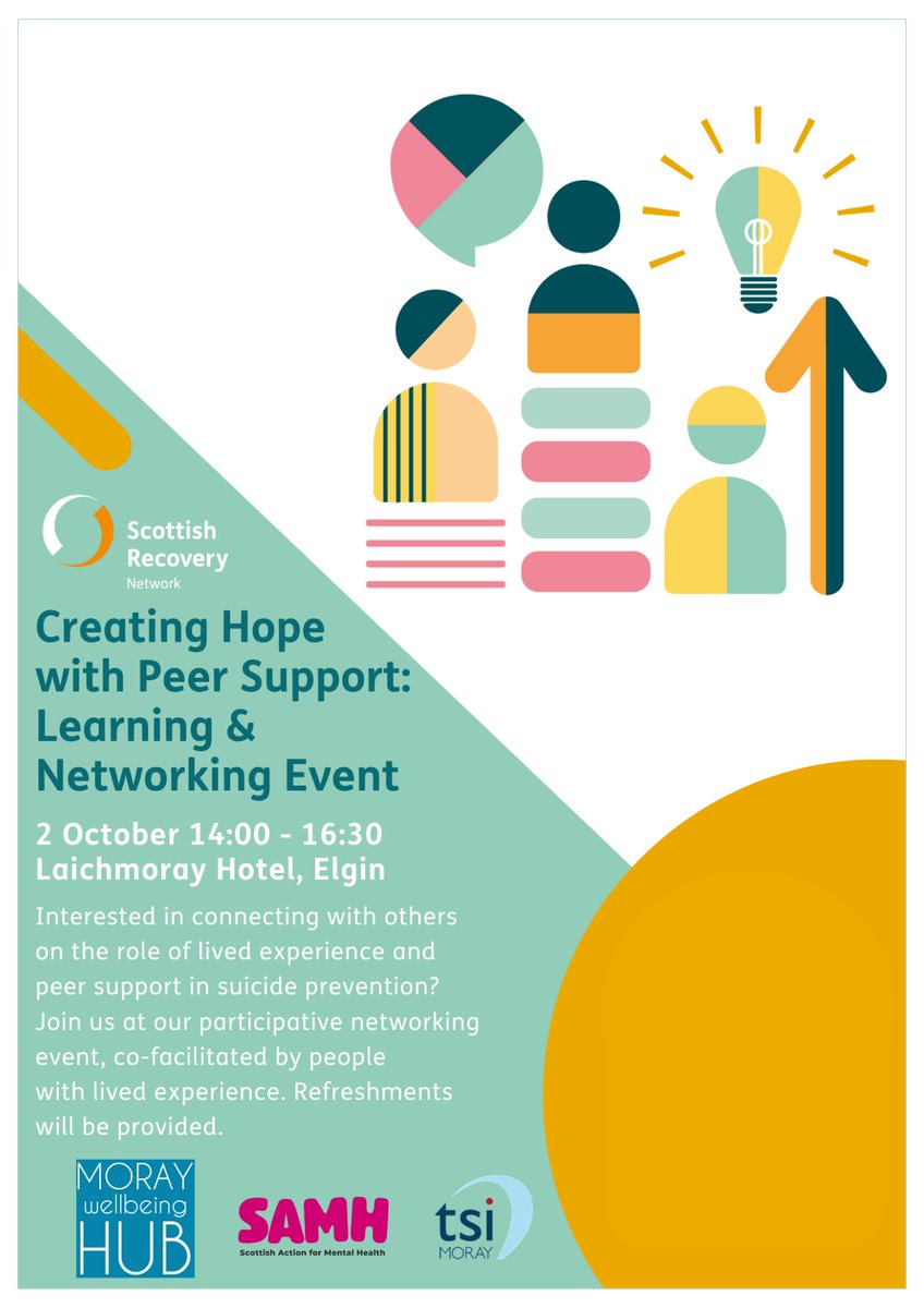Suicide Prevention Scotland (@suicideprevscot) on Twitter photo The good people at <a href="/ScotRecoveryNet/">Scottish Recovery Network</a> are holding a learning & networking event in Elgin focusing on lived experience and peer support in suicide prevention.
🗓️ 02 October
🕑 2pm (until 4.3pm)
📍 <a href="/LaichmorayHotel/">Laichmoray Hotel</a>
Reserve your place here ➡️ eventbrite.co.uk/e/creating-hop… The good people at <a href="/ScotRecoveryNet/">Scottish Recovery Network</a> are holding a learning & networking event in Elgin focusing on lived experience and peer support in suicide prevention.
🗓️ 02 October
🕑 2pm (until 4.3pm)
📍 <a href="/LaichmorayHotel/">Laichmoray Hotel</a>
Reserve your place here ➡️ eventbrite.co.uk/e/creating-hop…